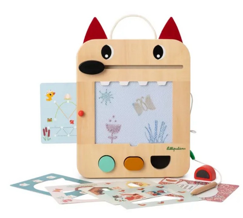 Stimolante lavagna magica a colori a forma di muso di lupo in legno con carte da gioco e forme